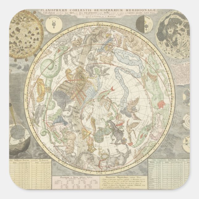 Pegatina Cuadrada Planisphaerii Coelestis Hemisphaerium (Anverso)