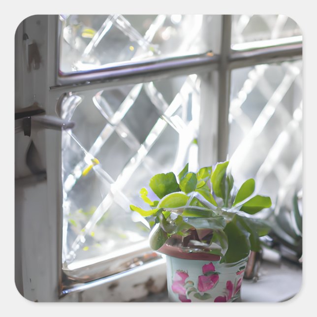 Pegatina Cuadrada Planta de Bonito de acuarela en la ventana (Anverso)