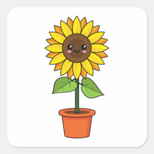 Pegatina Cuadrada Planta de girasol de Kawaii en una olla