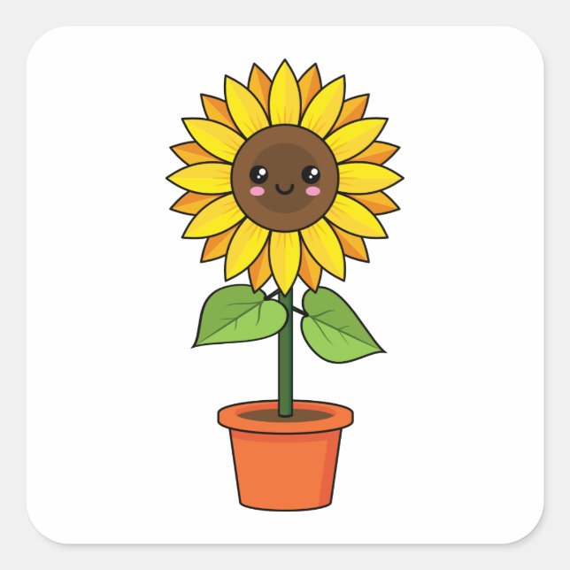 Pegatina Cuadrada Planta de girasol de Kawaii en una olla (Anverso)