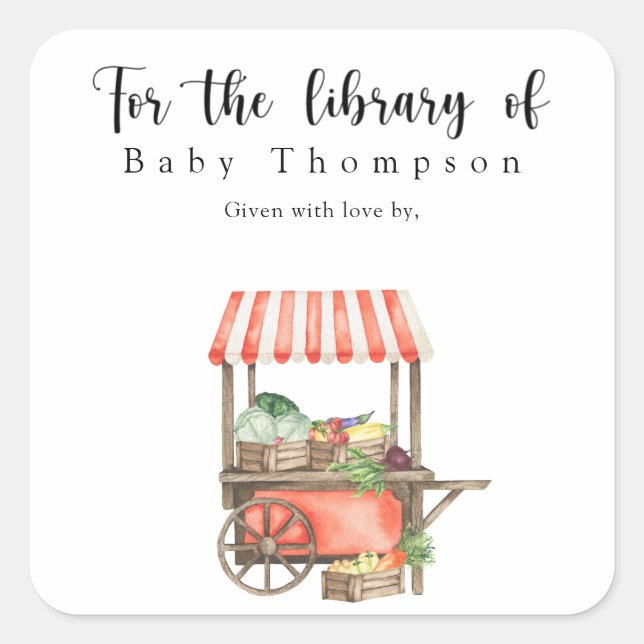Pegatina Cuadrada Planta de libros de Baby Shower para la biblioteca (Anverso)