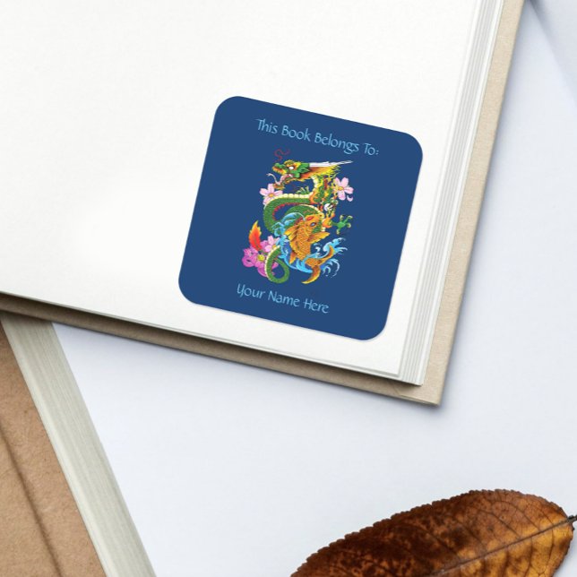 Pegatina Cuadrada Planta de libros de Koi Dragon Chino Verde (Subido por el creador)