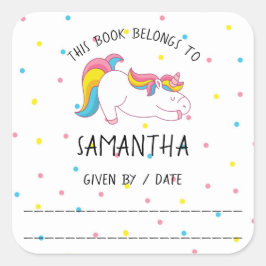 Pegatina Cuadrada Planta de libros de Unicornio, de la biblioteca de