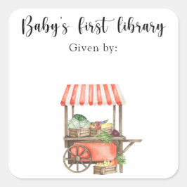 Pegatina Cuadrada Planta de libros de Veg Baby Shower - primera bibl