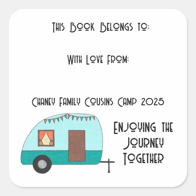 Pegatina Cuadrada Planta de libros del Camper Retro del Campamento d (Anverso)
