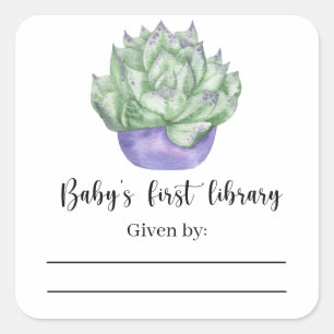 Pegatina Cuadrada Planta suculenta - Ex libris para baby shower
