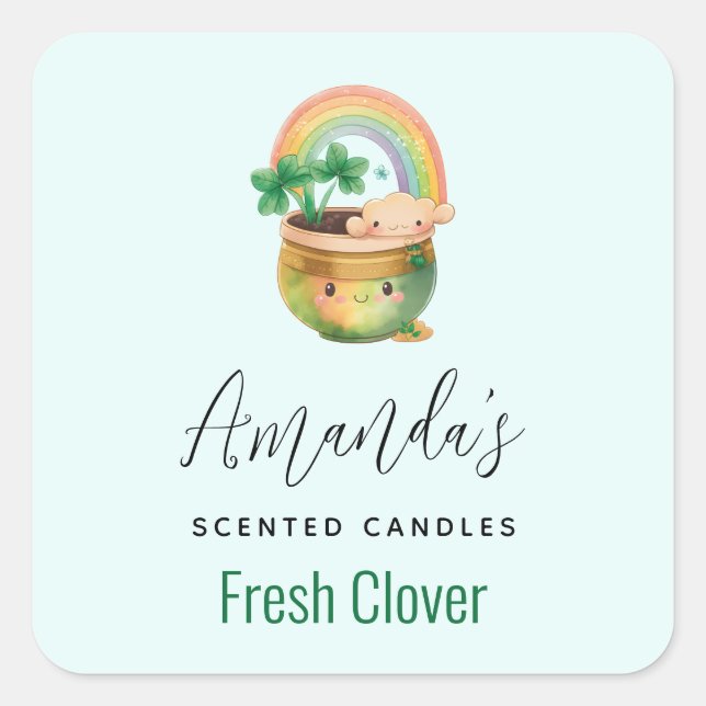 Pegatina Cuadrada Plantador con arcoiris y velas de trébol con negoc (Anverso)