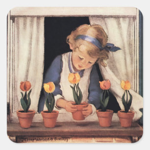 Pegatina Cuadrada Plantando Tulipanes por Jessie Willcox Smith