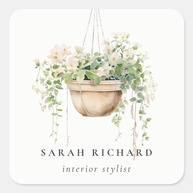 Pegatina Cuadrada Plantas colgantes de la casa floral acuarela Botán (Anverso)