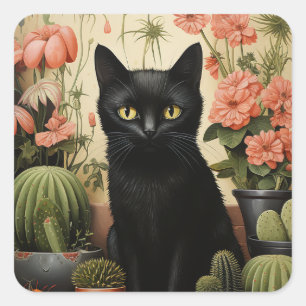 Pegatina Cuadrada Plantas de gato y cactus negros