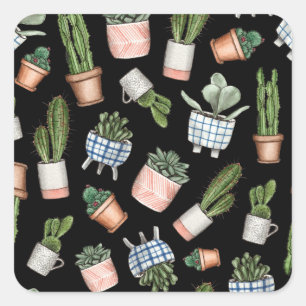 Pegatina Cuadrada Plantas Hogares de Acuarela Sin Marea Negra