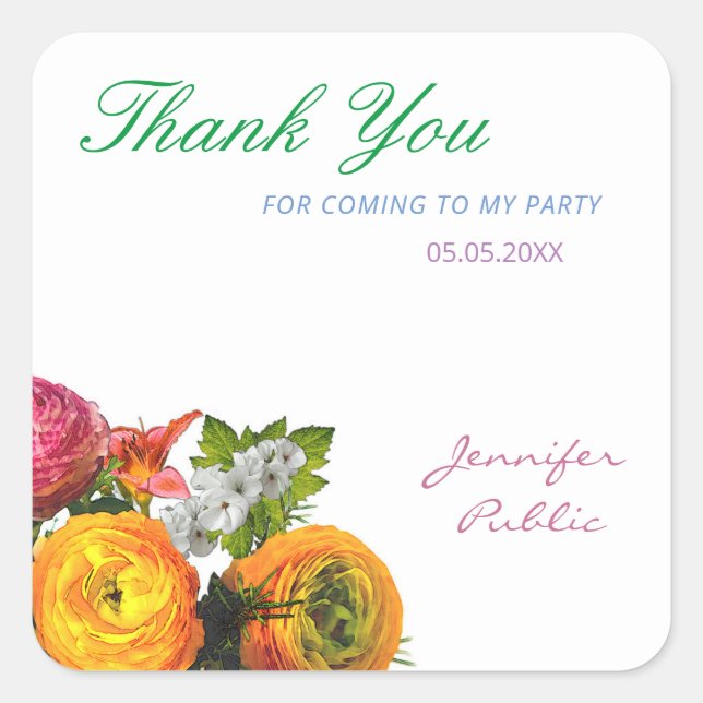Pegatina Cuadrada Plantilla de agradecimiento Flores acuarela Rosas  (Anverso)