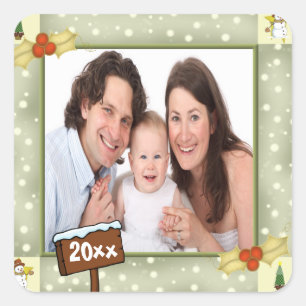 Pegatina Cuadrada Plantilla de fotografía de navidades Holly y Snowm