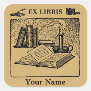 Pegatina Cuadrada Plantilla de libro de Ex Libris Candle Pen Ink