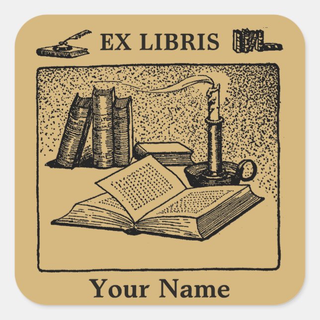 Pegatina Cuadrada Plantilla de libro de Ex Libris Candle Pen Ink (Anverso)