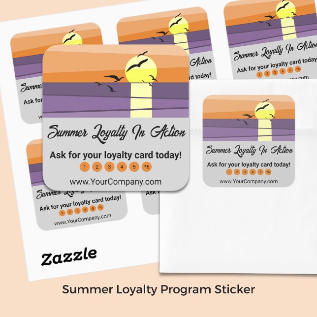 Pegatina Cuadrada Plantilla de sol y gris - Programa de fidelidad de (Sunset & Gray Template – Summer Loyalty Program Square Sticker)