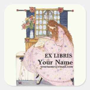 Pegatina Cuadrada Plantilla Retro Ex Libris Jessie Marion King