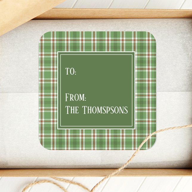 Pegatina Cuadrada Plata de campo verde verde rojo ruso de vacaciones (Christmas holiday square sticker with green and red plaid pattern. )