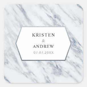 Pegatina Cuadrada Plata moderna   Pegatinas de la boda de mármol