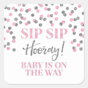 Pegatina Cuadrada Plata Rosa Confetti Sip Sip Hooray