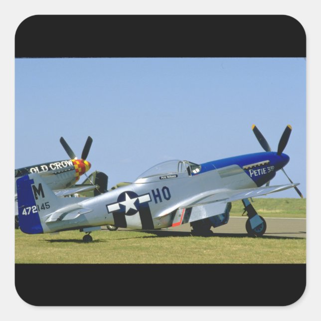 Pegatina Cuadrada Plata y azul, P51 Mustang, planos Side_WII (Anverso)