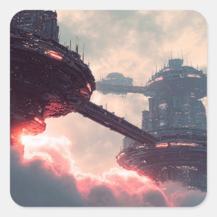 Pegatina Cuadrada Plataformas futuristas en las nubes al anochecer