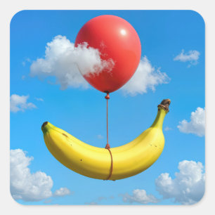 Pegatina Cuadrada Plátano Maduro Flotando En El Cielo con Globo Rojo