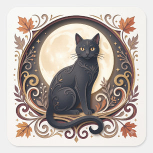 Pegatina Cuadrada Plato de papel de Halloween de gato negro vintage
