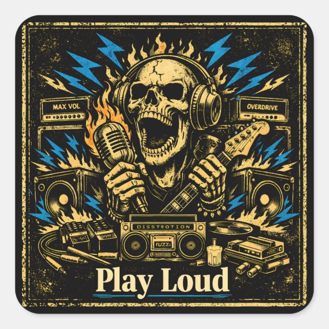 Pegatina Cuadrada Play Loud – Volume Up Music Rebellion (Anverso)