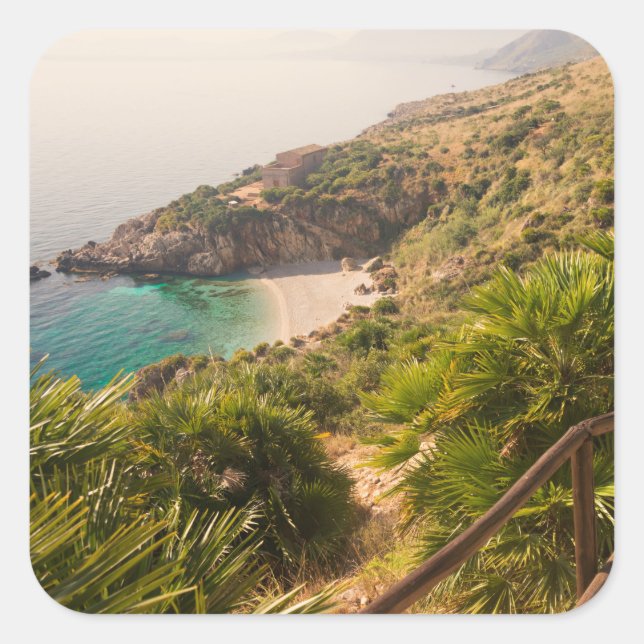 Pegatina Cuadrada Playa aislada en Lo Zingaro, Sicilia (Anverso)