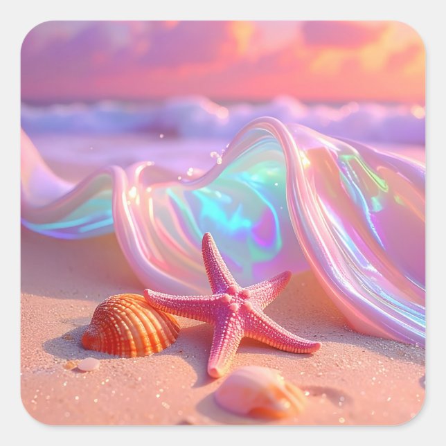 Pegatina Cuadrada Playa de Ensueño Fantástica con Estrella de Mar Ro (Anverso)