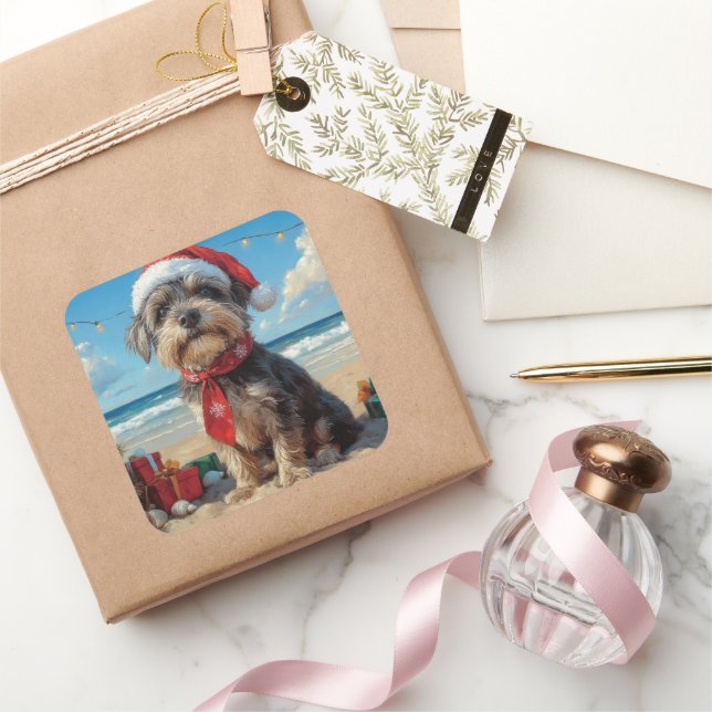 Pegatina Cuadrada Playa de Navidades de perros de peluche Griffon (Regalar)