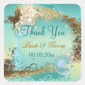 Pegatina Cuadrada Playa "gracias" boda aqua white