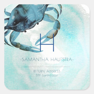 Pegatina Cuadrada Playa Monograma de cangrejo azul índigo PixDezines
