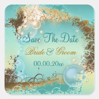 Pegatina Cuadrada Playa "salva la fecha" boda aqua white