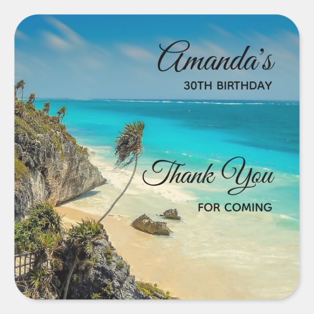 Pegatina Cuadrada Playa tropical con palmeras barridas de viento Cum (Anverso)