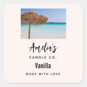 Pegatina Cuadrada Playa Tropical con Sombrilla de Paja - Candle Biz