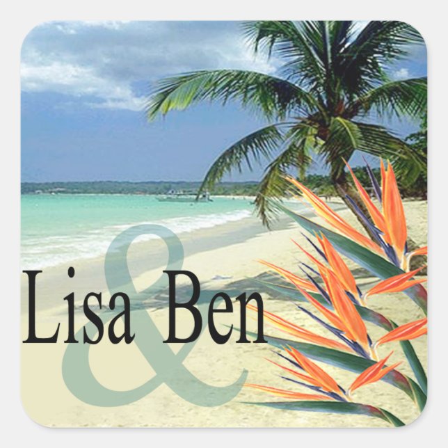 Pegatina Cuadrada Playa tropical de las aguas esmeraldas (Anverso)