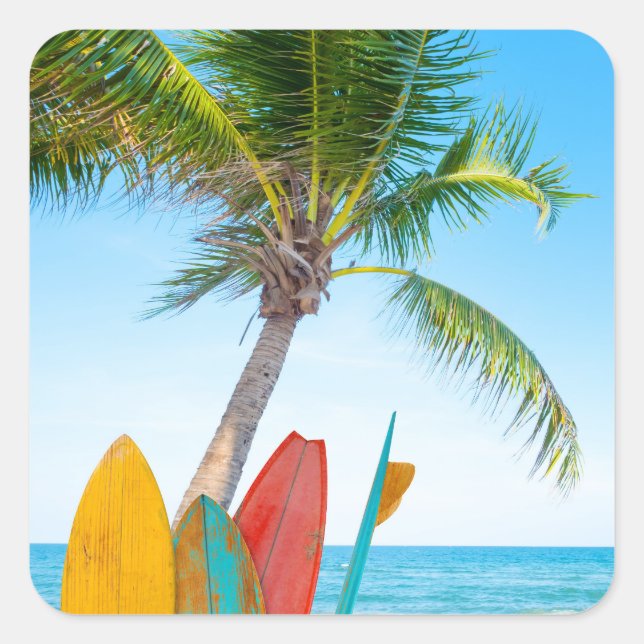 Pegatina Cuadrada Playa Tropical Surfboard (Anverso)