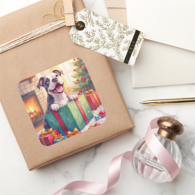 Pegatina Cuadrada Playful Pitbull Opening Christmas Gifts Holiday (Regalar)