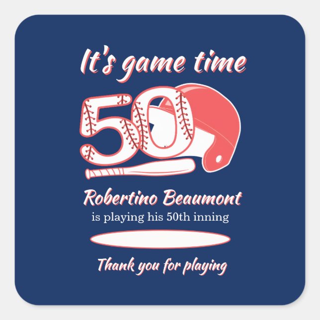 Pegatina Cuadrada Playing His 50th Inning Baseball Birthday Party (Anverso)