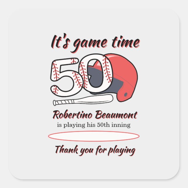 Pegatina Cuadrada Playing His 50th Inning Baseball Birthday Party (Anverso)