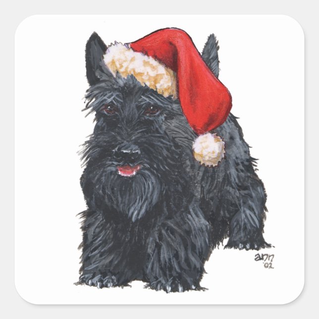 Pegatina Cuadrada Playous Scottish Terrier Santa (Anverso)