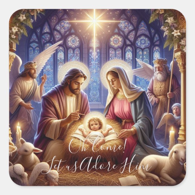 Pegatina Cuadrada Plaza - ¡Oh, ven! Adorémosle (Anverso)