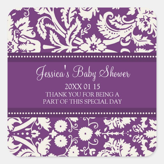 Pegatina Cuadrada Plum Damask Baby Shower Favorito Pegatinas (Anverso)
