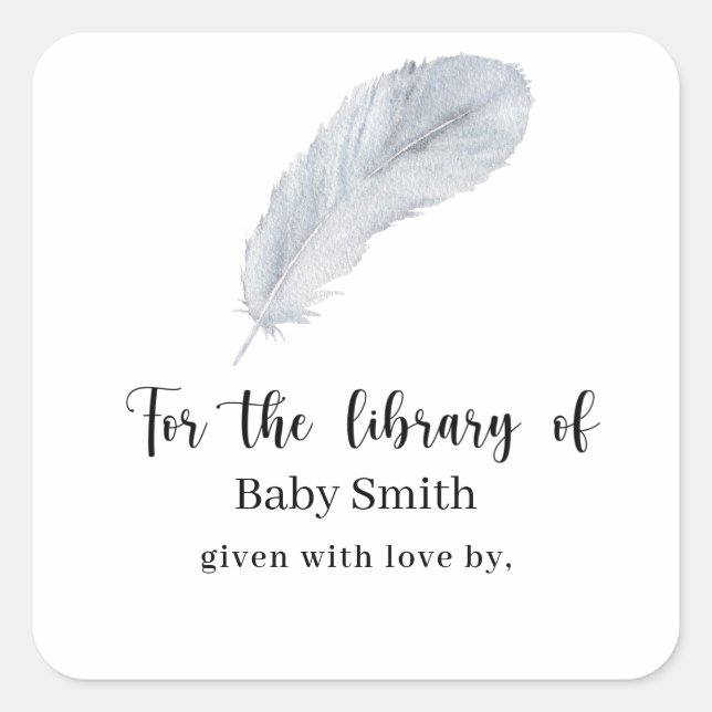 Pegatina Cuadrada Pluma - Biblioteca para Baby Shower (Anverso)