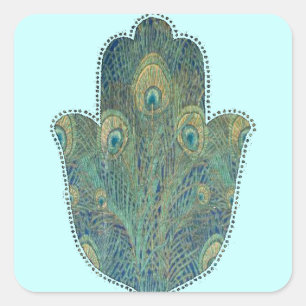 Pegatina Cuadrada Pluma de pavo real Hamsa Judaica boho