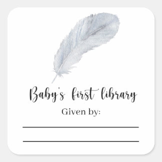 Pegatina Cuadrada Pluma - Ex libris para baby shower