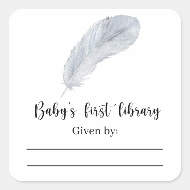 Pegatina Cuadrada Pluma - Ex libris para baby shower (Anverso)
