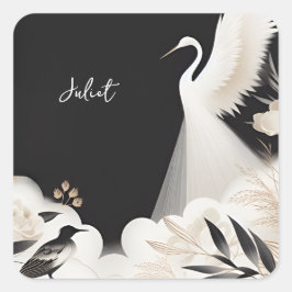 Pegatina Cuadrada Pluma Nube Grulla Cielo Asiático Diversión Despedi